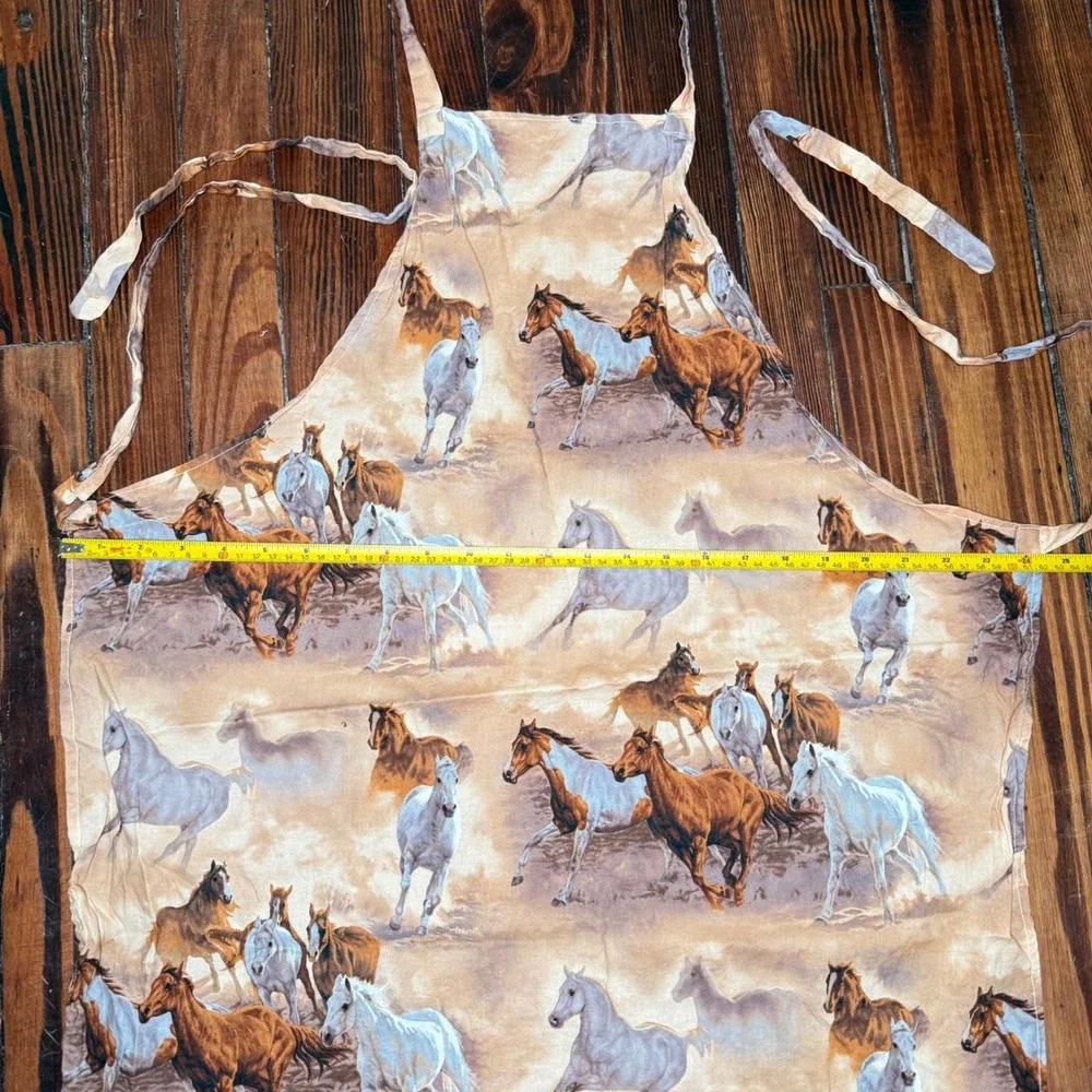 Handmade Wild Horse Print Bib Apron Western Equestrian Farmhouse Tan Brown